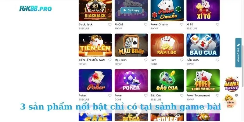 3 sản phẩm nổi bật chỉ có tại sảnh game bài 