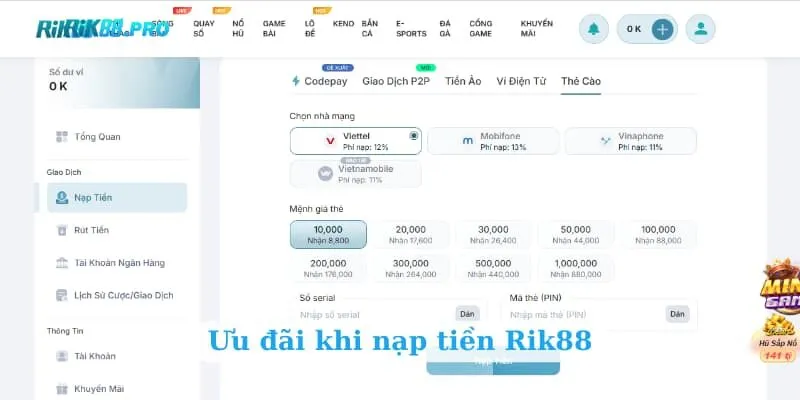 Ưu đãi khi nạp tiền Rik88