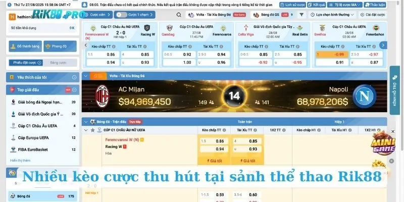 Nhiều kèo cược thu hút tại sảnh thể thao Rik88